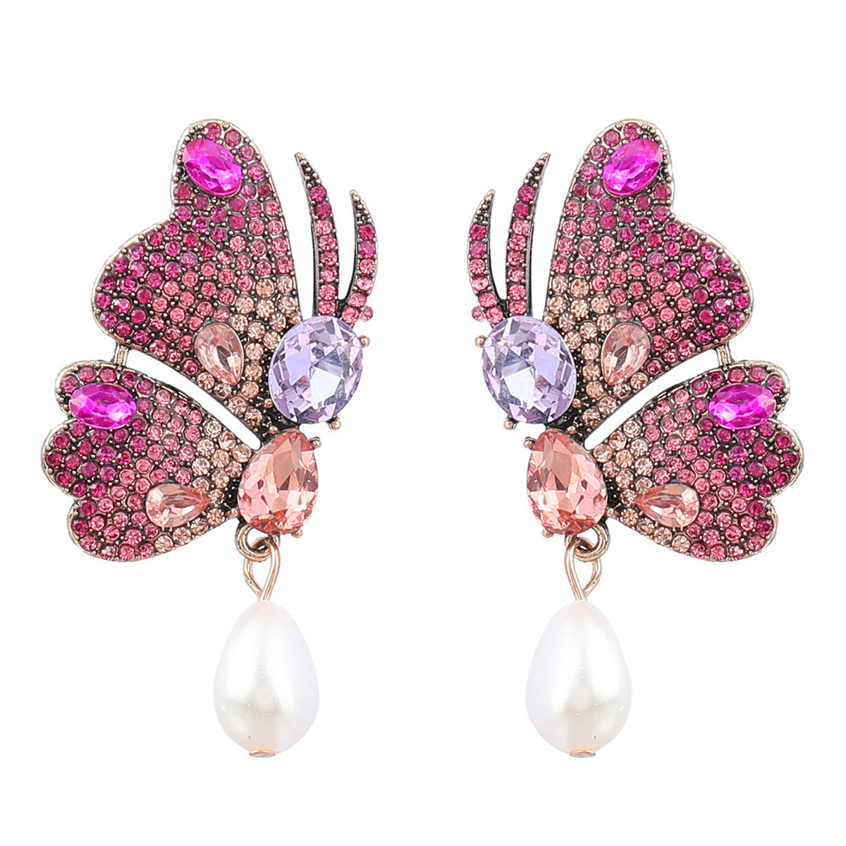 Fancy Alloy Butterfly Earrings with Diamond and Pearl Drop Earrings