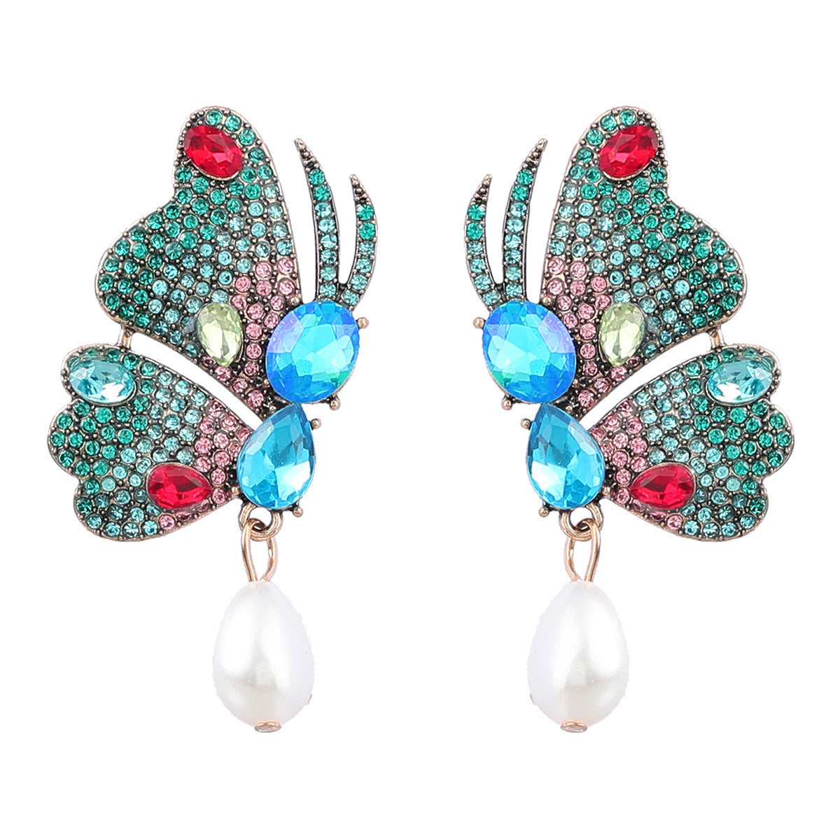 Fancy Alloy Butterfly Earrings with Diamond and Pearl Drop Earrings