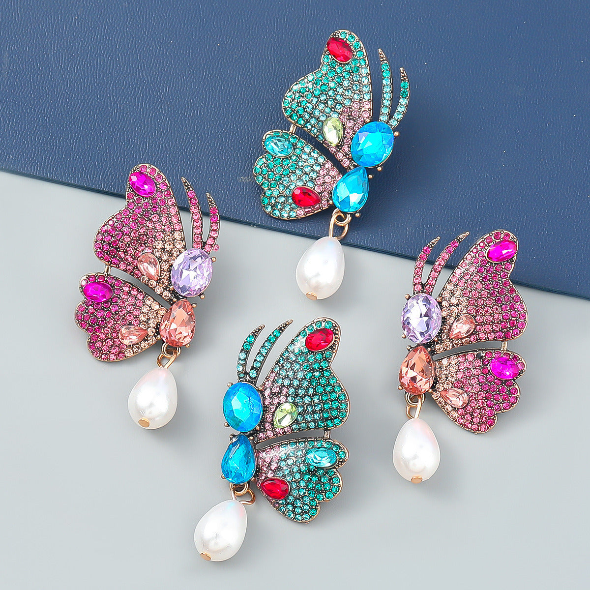 Fancy Alloy Butterfly Earrings with Diamond and Pearl Drop Earrings