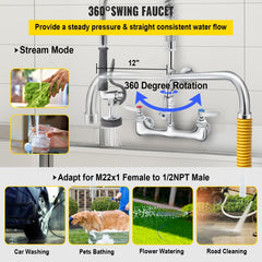 VEVOR Commercial Faucet with Pre-Rinse Sprayer, 8" Adjustable Center Wall Mount Kitchen Faucet with 12" Swivel Spout, 43" Height Compartment Sink Faucet for Industrial Restaurant, Lead-Free Brass