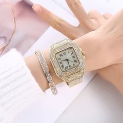 2pcs/set Watch + Bangle for Women Bracelet Iced Out Watch for Women Square Simple Luxury Plated Gold Watch Set Jewelry Set