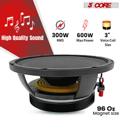 5 Core 10 Inch Subwoofer Speaker • 600W Max • 8 Ohm Fullrange Replacement DJ Bass Sub Woofer Loudspeaker • 3" Voice Coil • 96 Oz Magnet • Aluminum Frame- FR 10 185 AL