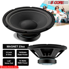 5 Core 10 Inch Subwoofer Speaker • 750W Peak • 8 Ohm Replacement DJ Pro Audio Bass Sub Woofer • w 1.25\" Voice Coil • 23 Oz Magnet- WF 10120 8OHM