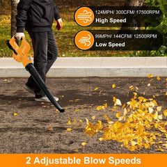 Cordless Leaf Blower Handheld Electric Battery Powered Air Blower Max 124MPH 300CFM with 2 Adjustable Speeds 2Pcs 18V 2000mA Battery and Charger for Yard Patio