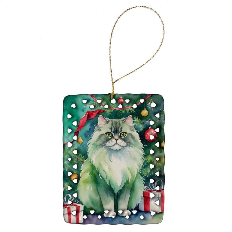 Persian Cat By the Christmas Tree Porcelain Ornament Christmas Tree Hanging Decorations for Home Christmas Holiday, Rectangle, Gift, Multicolor