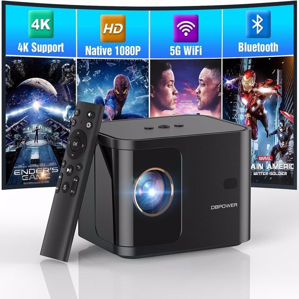 5G WiFi Mini Bluetooth Projector 4K Support, 300 ANSI HD 1080P Portable Video Projector, Electric Focus ±40° Vertical Keystone|Zoom|Timer, DBPOWER Smartphone Projector Outdoor Movie for PC/Laptop/TV