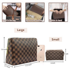 Checkered Makeup Bag;  2Pcs Travel Cosmetic Bags;  Portable Toiletry Organizer for Women;  Lightweight and Waterproof Leather Toiletries Bag for Girl Friend Wife Christmas Gifts;  Brown