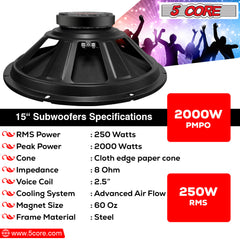 5 Core 15 Inch Subwoofer Speaker 8 Ohm Full Range Replacement DJ Woofer w 60 Oz Magnet - FR 15 140 MS