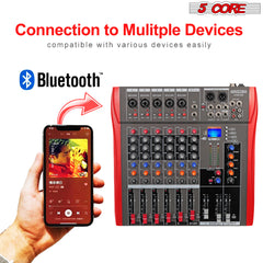 5 Core Audio Mixer 6 Channel DJ Mixing Board Professional Bluetooth USB Analog Mezclador De Audio w Phantom Power Rackmount Console for Live Recording Podcast Karaoke - MX 6CH