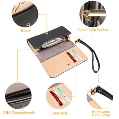 Women Wristlet Wallet PU Leather Lady Purse Credit Card Holder 4 Card Slots 3 Money Pouches 1 Coin Pocket