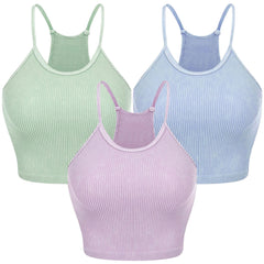 3 Pack Women Crop Basic Tank Top Ribbed Knit Sleeveless Round Neck 9 Color Machine Wash Summer Crop S to XL