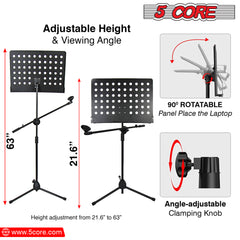 5 Core Music Stand 2-IN-1 Professional Portable Sheet Music Stand with Detachable Microphone Stand, 21.6'- 63' Adjustable Dual-Use Music Book Stand & Projector Stand, Super Sturdy Heavy Duty-MUS MH