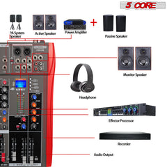 5 Core Audio Mixer 6 Channel DJ Mixing Board Professional Bluetooth USB Analog Mezclador De Audio w Phantom Power Rackmount Console for Live Recording Podcast Karaoke - MX 6CH