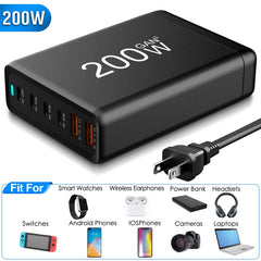 200W Fast Wall Charger with 6 Charging Ports Desktop USB Charging Station PD45W 2.4A GaN Power Adapter Fit for IOSPhone 14 13 12 11 Samsung S22 S21 Switch MacBook iPad