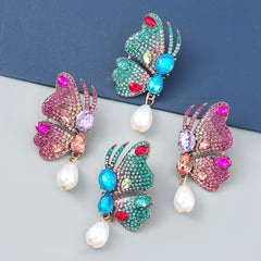 Fancy Alloy Butterfly Earrings with Diamond and Pearl Drop Earrings