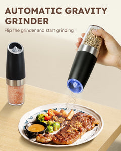 Gravity Electric Salt and Pepper Grinder Set Automatic Shakers Mill Grinder with LED Light, Battery Powered Adjustable Coarseness One Hand Operation, Upgraded Larger Capacity