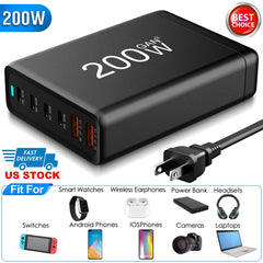 200W Fast Wall Charger with 6 Charging Ports Desktop USB Charging Station PD45W 2.4A GaN Power Adapter Fit for IOSPhone 14 13 12 11 Samsung S22 S21 Switch MacBook iPad