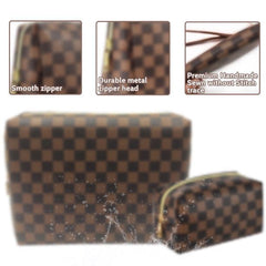 Checkered Makeup Bag;  2Pcs Travel Cosmetic Bags;  Portable Toiletry Organizer for Women;  Lightweight and Waterproof Leather Toiletries Bag for Girl Friend Wife Christmas Gifts;  Brown