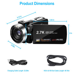 2.7K Camcorder 42MP 18X Zoom Digital Video Camera Rechargeable Vlogging Camera with 3in 270° Rotating IPS Screen Fill Light Remote Control Battery