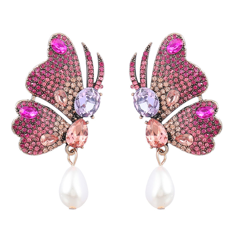 Fancy Alloy Butterfly Earrings with Diamond and Pearl Drop Earrings