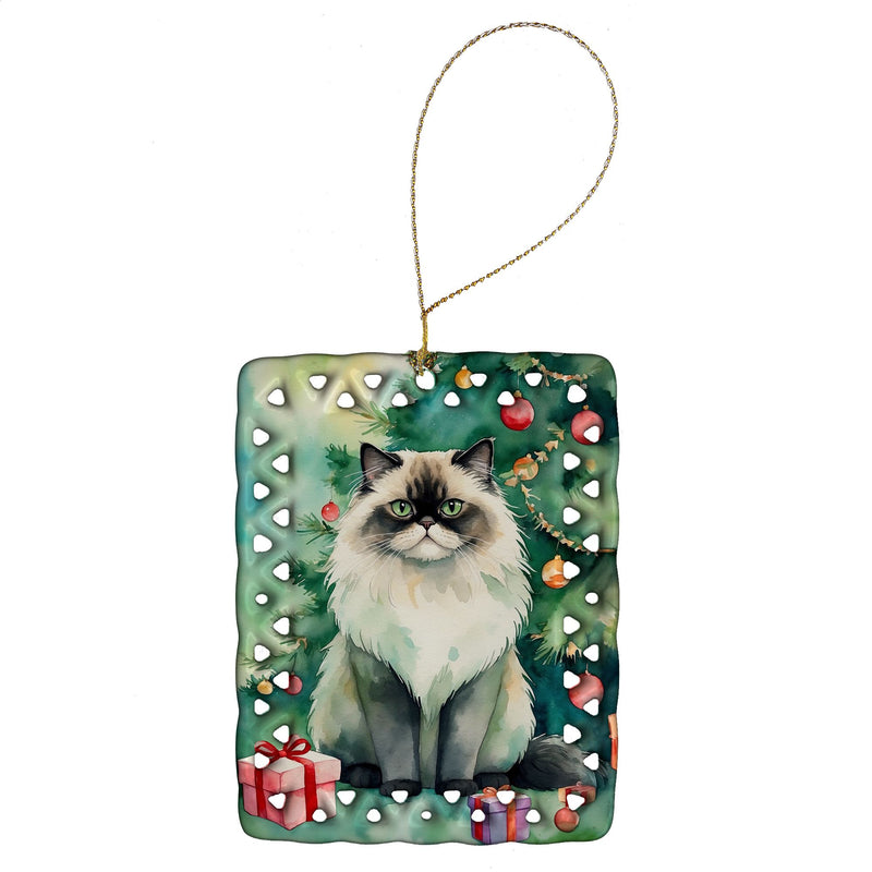 Himalayan Cat By the Christmas Tree Porcelain Ornament Christmas Tree Hanging Decorations for Home Christmas Holiday, Rectangle, Gift, Multicolor