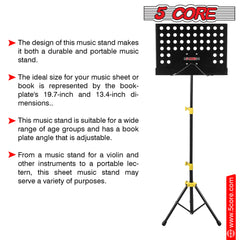 5 Core Sheet Music Stand Dual Use Professional Portable Music Stand, Metal Desktop Tripod Music Book Stand & Orchestral Sheet Stand Folding Adjustable Sturdy Heavy Duty for Performance & Band-MUS YLW