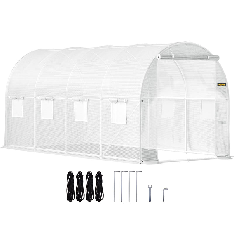 VEVOR Walk-in Tunnel Greenhouse, 15 x 7 x 7 ft Portable Plant Hot House w/ Galvanized Steel Hoops, 1 Top Beam, Diagonal Poles, Zippered Door & 8 Roll-up Windows, White