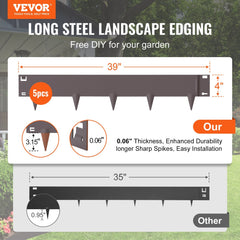 VEVOR Steel Landscape Edging, 5-pack Steel Garden Edging Borders, 39" L x 4" H Strips, Hammer-in Edging Border, Bendable Metal Landscape Edging for Yard, Garden, 3.15" Spike Height, Rustic Brown