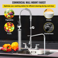 VEVOR Commercial Faucet with Pre-Rinse Sprayer, 8" Adjustable Center Wall Mount Kitchen Faucet with 12" Swivel Spout, 43" Height Compartment Sink Faucet for Industrial Restaurant, Lead-Free Brass