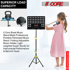 5 Core Sheet Music Stand Dual Use Professional Portable Music Stand, Metal Desktop Tripod Music Book Stand & Orchestral Sheet Stand Folding Adjustable Sturdy Heavy Duty for Performance & Band-MUS YLW