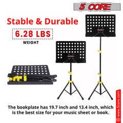 5 Core Sheet Music Stand Dual Use Professional Portable Music Stand, Metal Desktop Tripod Music Book Stand & Orchestral Sheet Stand Folding Adjustable Sturdy Heavy Duty for Performance & Band-MUS YLW