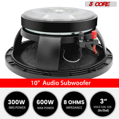 5 Core 10 Inch Subwoofer Speaker • 600W Max • 8 Ohm Fullrange Replacement DJ Bass Sub Woofer Loudspeaker • 3" Voice Coil • 96 Oz Magnet • Aluminum Frame- FR 10 185 AL