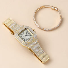 2pcs/set Watch + Bangle for Women Bracelet Iced Out Watch for Women Square Simple Luxury Plated Gold Watch Set Jewelry Set