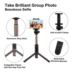 Wireless Selfie Stick Extendable Phone Camera Stick Tripod w/ Detachable Rechargeable Remote Shutter