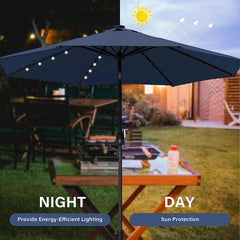 9' Solar Umbrella 32 LED Lighted Patio Umbrella Table Market Umbrella with Push Button Tilt/Crank Outdoor Umbrella for Garden, Deck, Backyard and Pool, Dark Blue