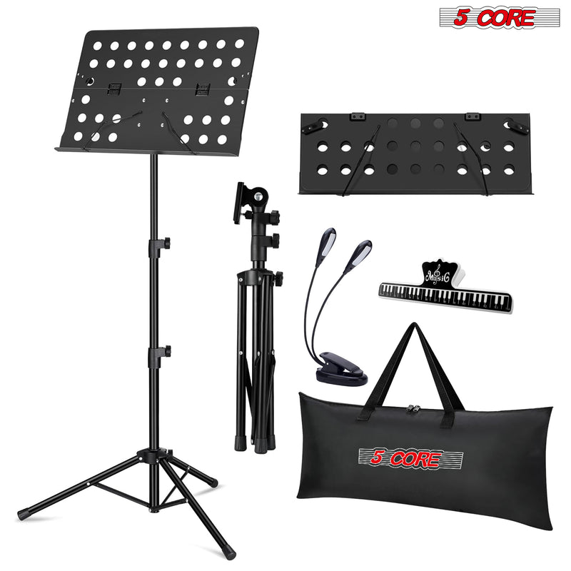 5 Core Sheet Music Stand Metal with Light Portable Violin Guitar Music Book Holder Paper clip Adjustable Foldable Music Stand with Carrying Bag for Instrumental Performance & Travel MUS FLD HD ACC