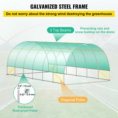 VEVOR Walk-in Tunnel Greenhouse, 20 x 10 x 7 ft Portable Plant Hot House w/ Galvanized Steel Hoops, 3 Top Beams, Diagonal Poles, 2 Zippered Doors & 12 Roll-up Windows, Green