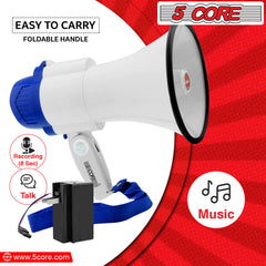 5 Core Megaphone Speaker Portable • 30W Bullhorn w Siren • Adjustable Volume Bull Horn • 800 Feet Range • Battery Powered Handheld Mega Phone for Coaches Safety Drill- 8R-USB-WB