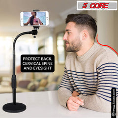 5 Core Gooseneck Phone Holder Stand for Desk Table Flexible Arm with Anti-Skid Round Base, Cell Phones Mount Clamp Compatible with All Smart Phones RBS MOB