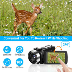 2.7K Camcorder 42MP 18X Zoom Digital Video Camera Rechargeable Vlogging Camera with 3in 270° Rotating IPS Screen Fill Light Remote Control Battery