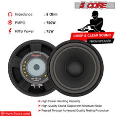 5 Core 10 Inch Subwoofer Speaker • 750W Peak • 8 Ohm Replacement DJ Pro Audio Bass Sub Woofer • w 1.25\" Voice Coil • 23 Oz Magnet- WF 10120 8OHM