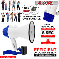 5 Core Megaphone Speaker Portable • 30W Bullhorn w Siren • Adjustable Volume Bull Horn • 800 Feet Range • Battery Powered Handheld Mega Phone for Coaches Safety Drill- 8R-USB-WB