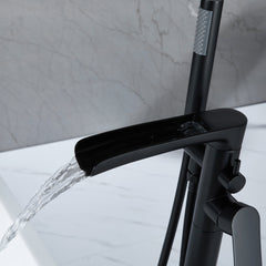 Single-Handle Freestanding Floor Mount Roman Tub Faucet Bathtub Filler with Hand Shower in Matte Black