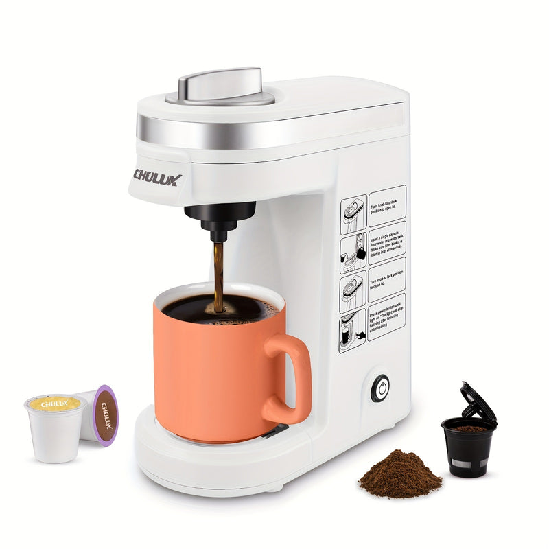 CHULUX Single Cup Coffee Maker Brewer for K-Cup & Ground & Tea Leaf, Travel Mini Single Serve Coffee Capsules & Pods, 6 to 12Oz Brew, Coffee Machine with A Reusable Coffee Filter