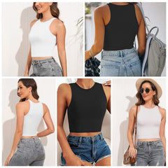 Women Sleeveless Cropped Tank Top High Neck Crop Racer Back Workout Top Machine Washable Summer