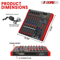 5 Core Audio Mixer 6 Channel DJ Mixing Board Professional Bluetooth USB Analog Mezclador De Audio w Phantom Power Rackmount Console for Live Recording Podcast Karaoke - MX 6CH