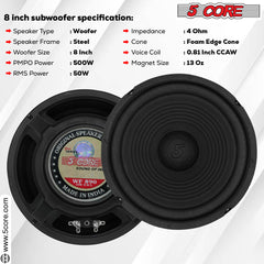 5 Core 8 Inch Subwoofer • 500W PMPO 4 Ohm Car Bass Sub Woofer • Replacement Speaker w 0.81\" Voice Coil • Bocinas Para Carro- WF 8\"-890