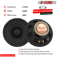 5 Core 5" Inch Mid Range Speaker System for Car 2 Pack Black Pro Series 200W Speakers 4 Ohm, 20W RMS and 30 oz Magnet Car Replacement Speakers - CS-05 MR Pair