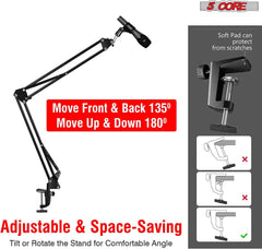 5 Core Microphone Arm Stand, Upgraded Adjustable Suspension Boom Scissor Arm Mic Stand 42 inch with Pop Filter, 3/8" to 5/8" Adapter, Mic Clip Shock Mount, Cable Ties for All Microphones - ARM SET 21
