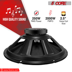 5 Core 15 Inch Subwoofer Speaker 8 Ohm Full Range Replacement DJ Woofer w 60 Oz Magnet - FR 15 140 MS